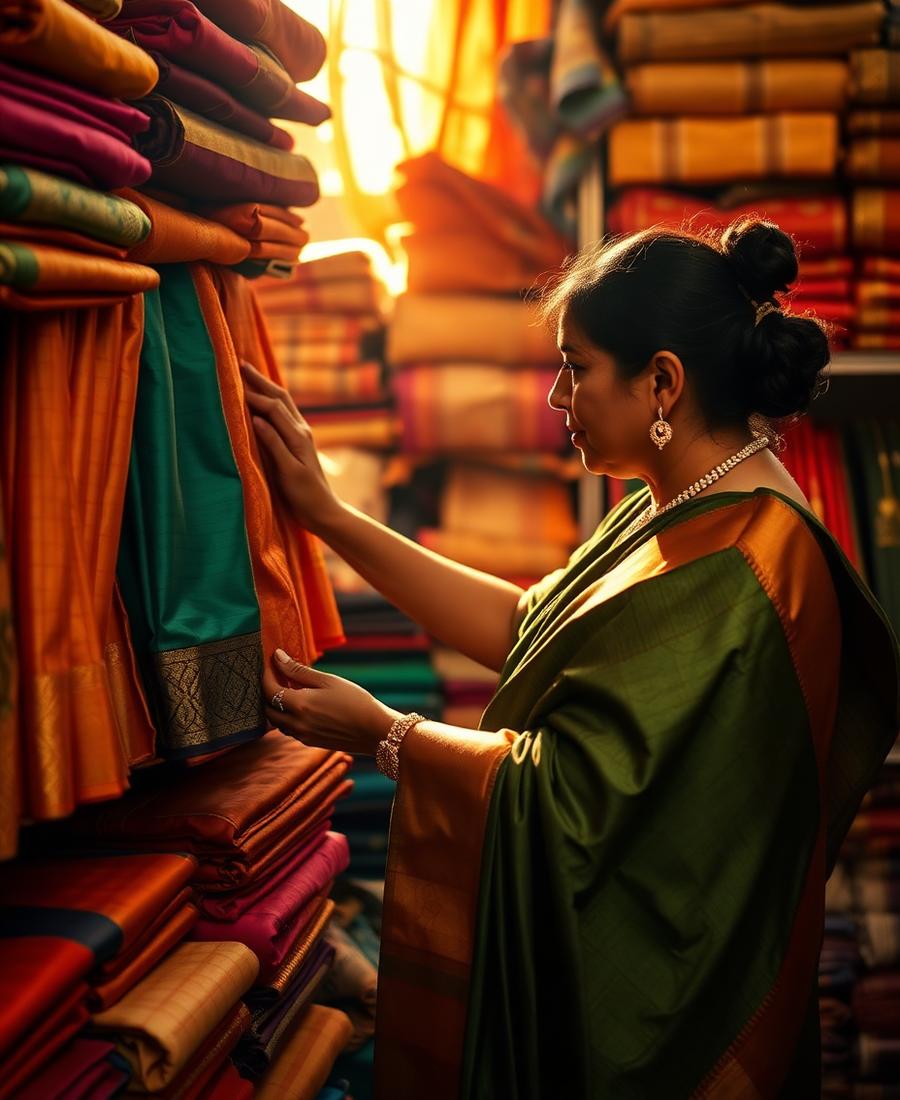 Saree boutique owner arranging silk sarees