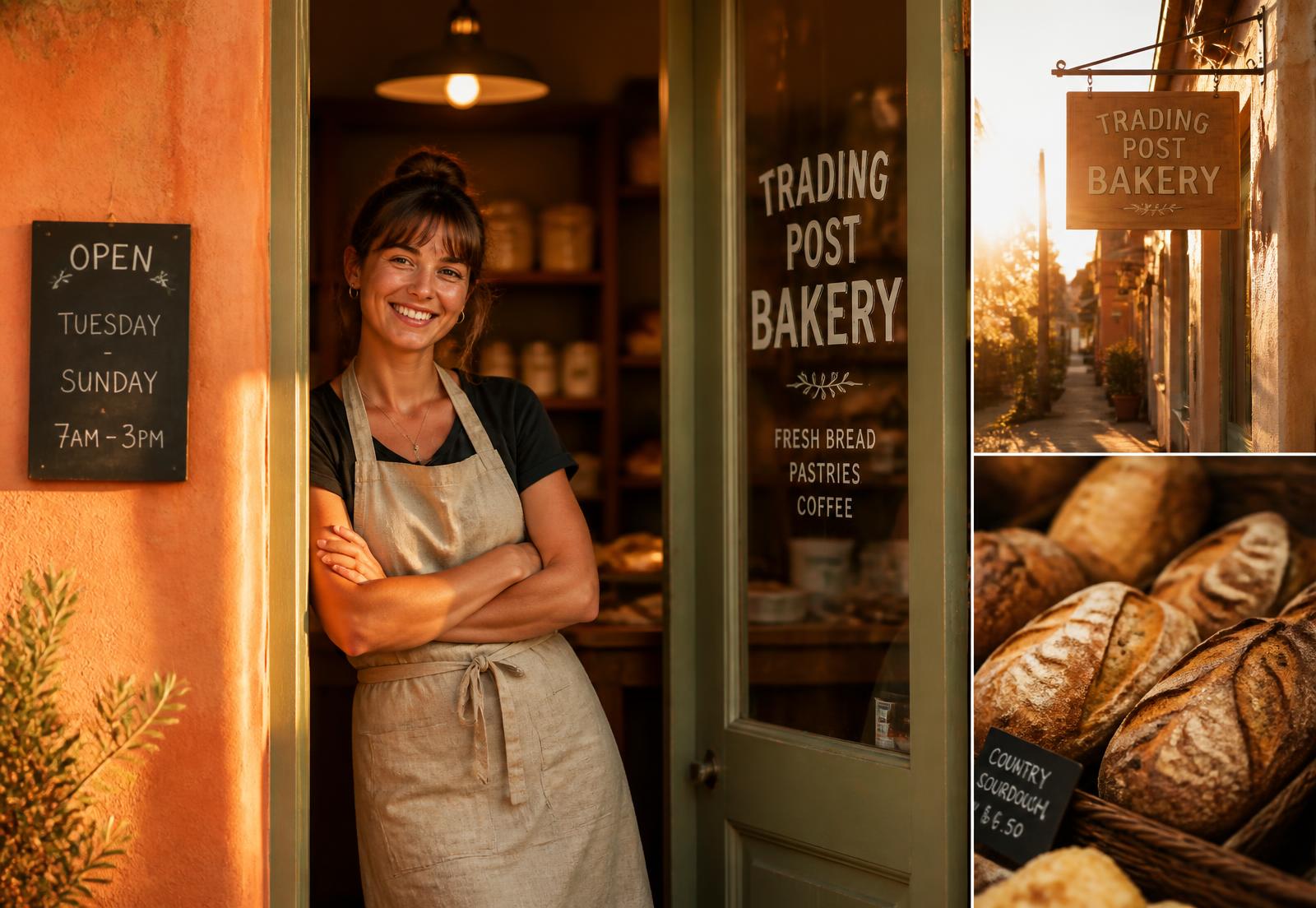 Local bakery owner standing in her shop doorway at golden hour
