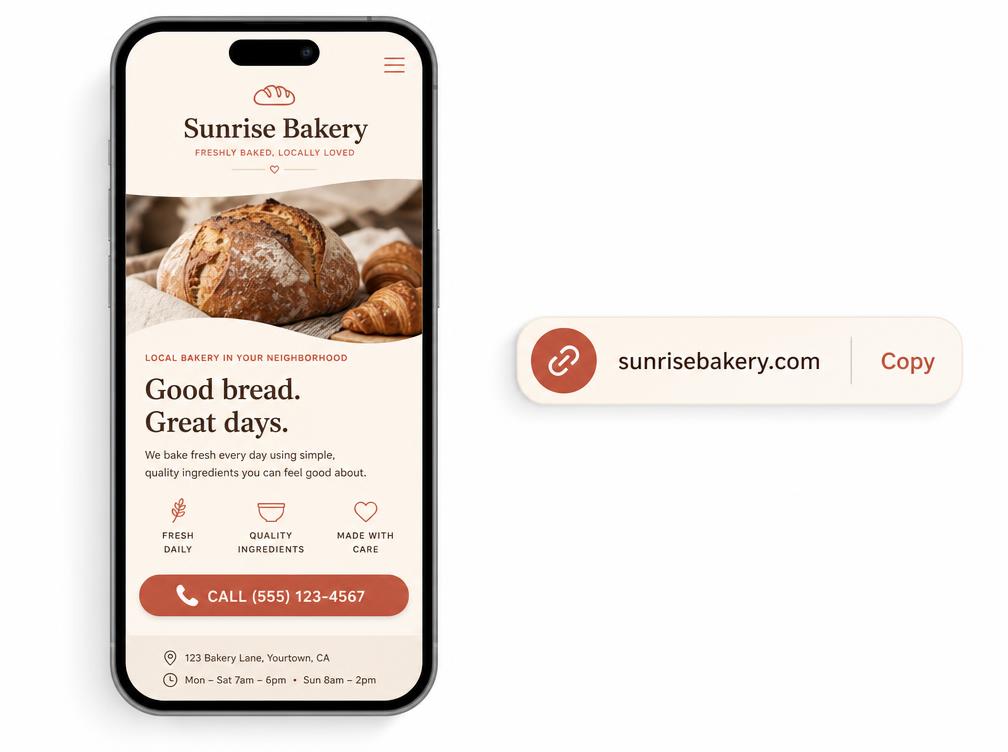 Published bakery page on a phone next to a shareable link